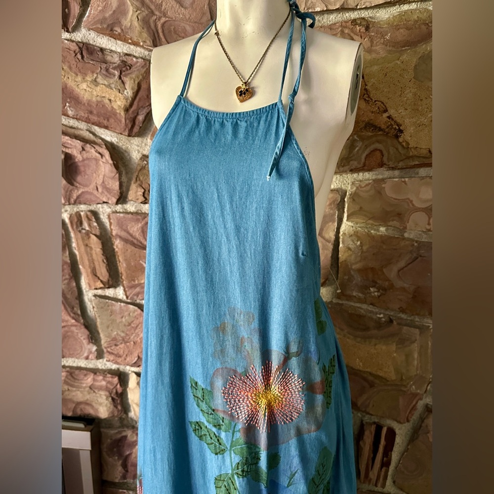 Anthropologie Pilcro Chambray Halter Embroidered Denim Midi Dress.  S EUC - Picture 10 of 13